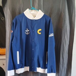 Blue and White Varsity Jacket with Nautical Patches